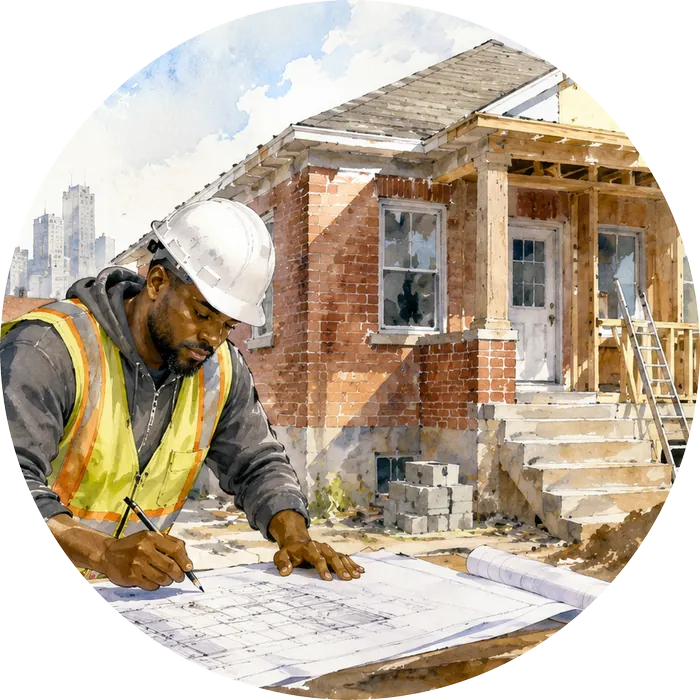 Construction worker reviewing plans beside a residential property
